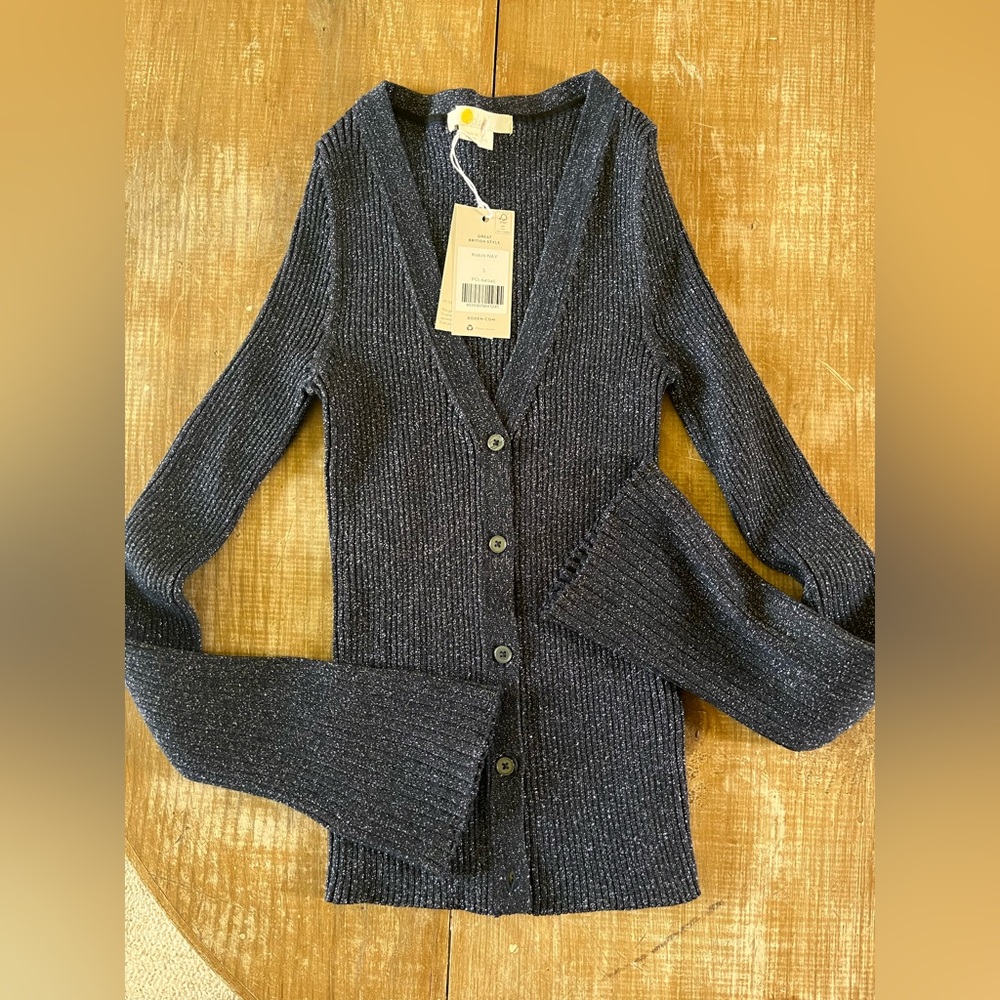 NWT, STRETCHY Boden Sparkly Navy Ribbed Cardigan, Sz. Small.